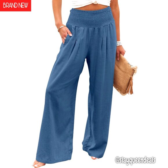 Linen Palazzo Pants High Waist Wide Leg Casual Lounge Pants with Pockets